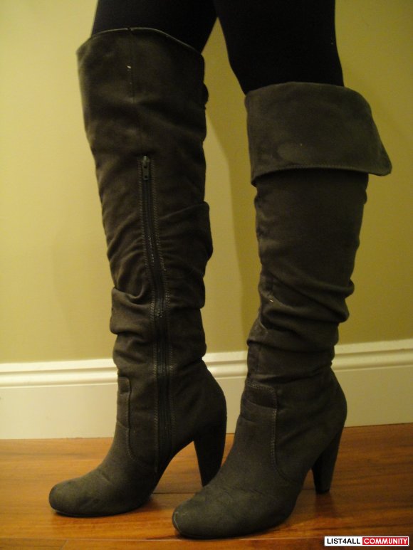 grey thigh high heel boots