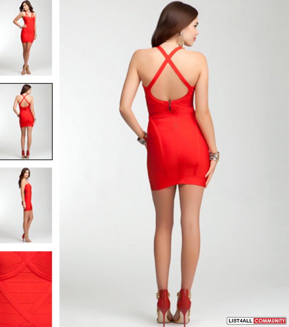 XS Red Bebe wilderness split strap bandage dress OBO